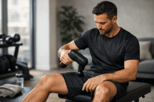 Sportif utilisant un pistolet de massage Therabody pour la récupération musculaire après l’entraînement