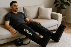 un homme utilisant des bottes de pressothérapie reboots go lite